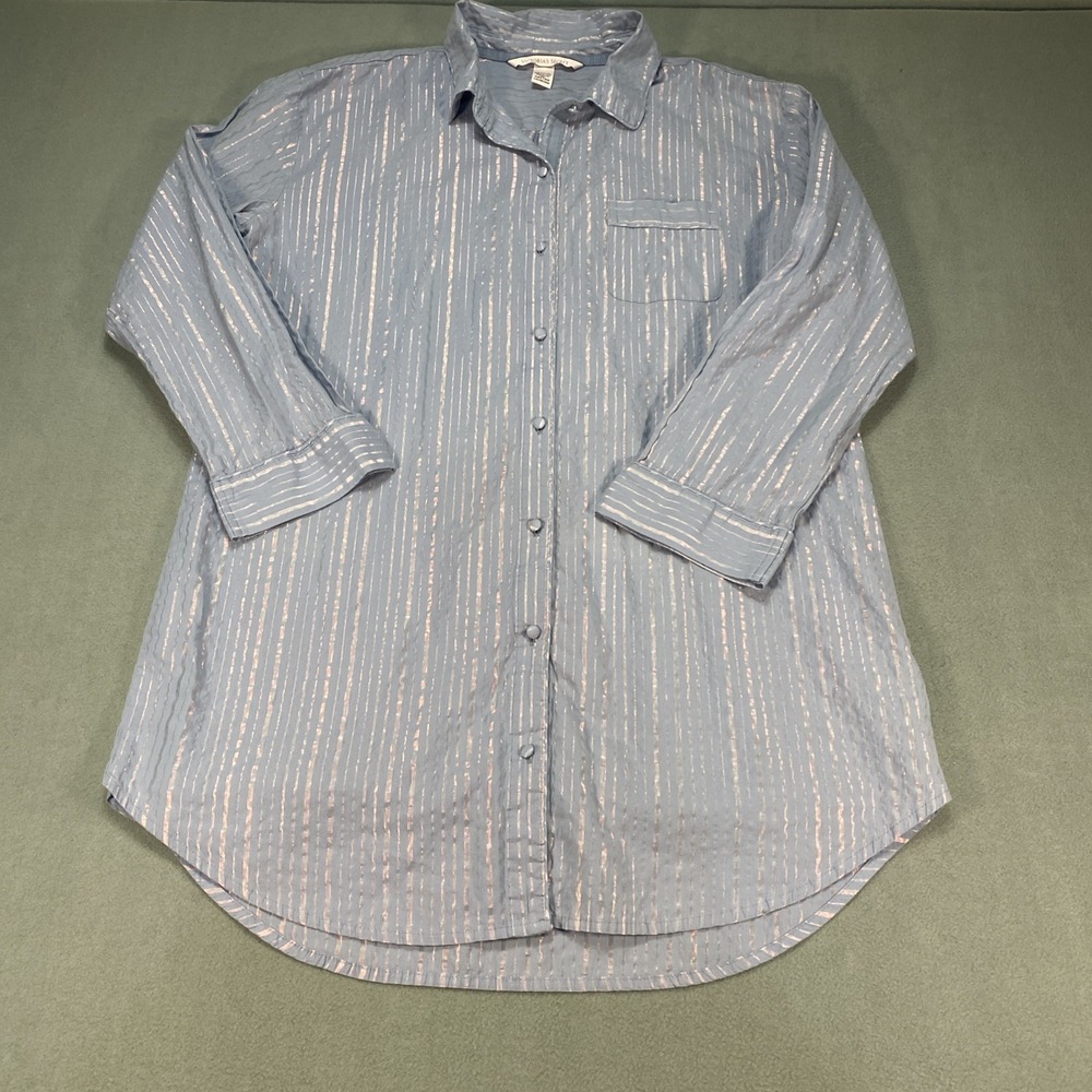 Victoria's Secret Large Blue Pink Shimmer Striped Sleep Mini Dress Button Down